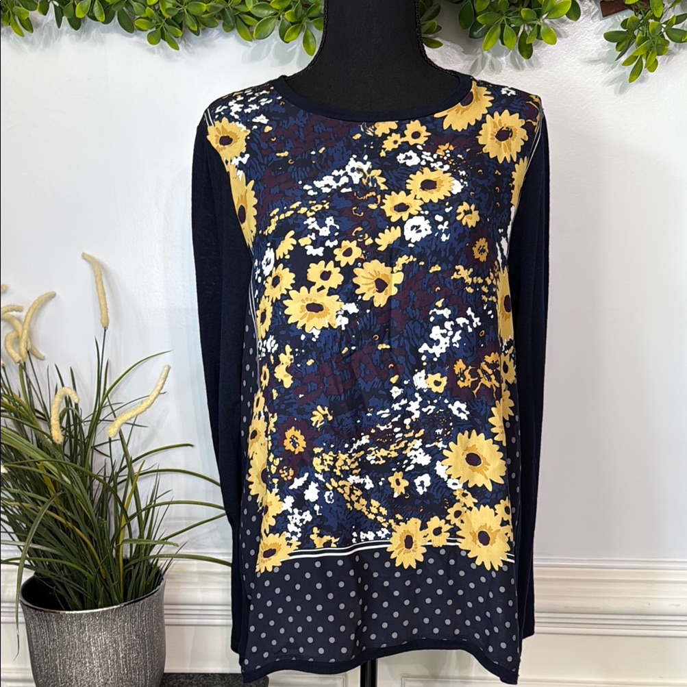 Whyci Milano Italy Wool Silk Silk Navy Blue Long Sleeve Blouse It 48 Us Xl